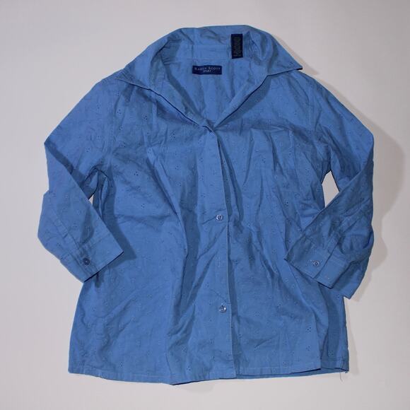 Karen Scott Sport Blue Embroidered Floral Cotton Quarter Sleeve Button Up Size M - Picture 1 of 5